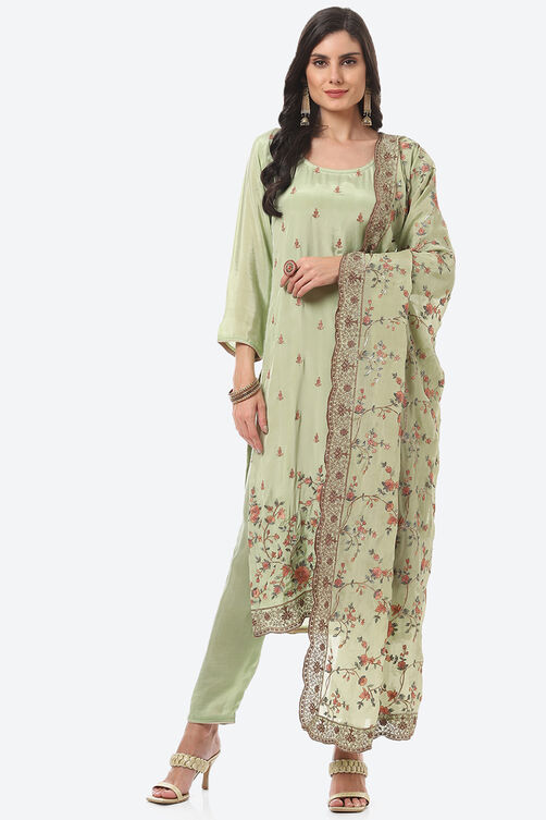 Green Crepe Unstitched Suit Set image number 0