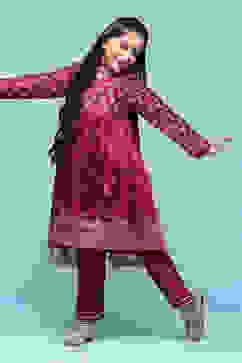 Wine Polyester Gathered Printed Suit Set image number 0