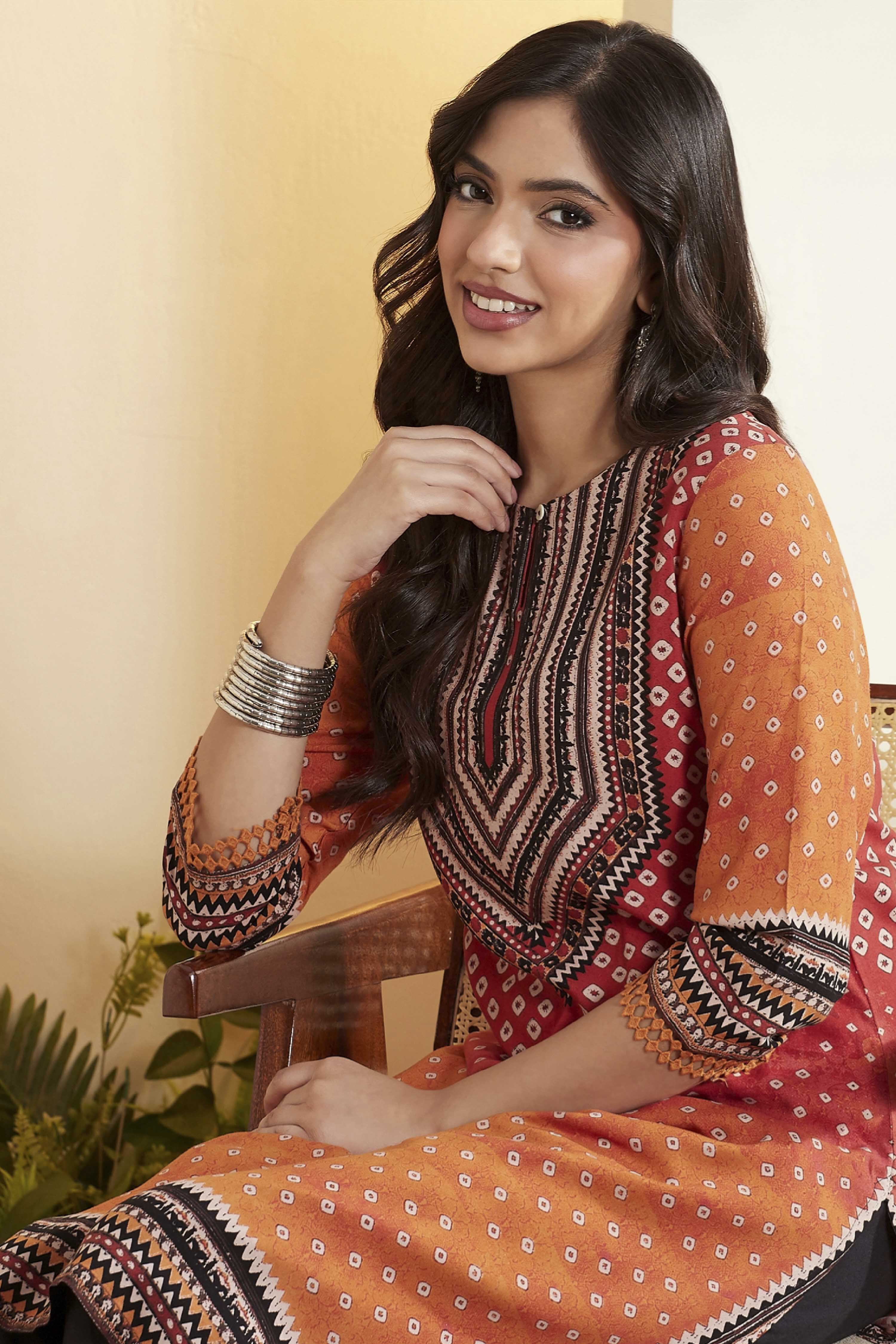 Rust Viscose Rayon Geometric Printed A-Line Kurta image number 1