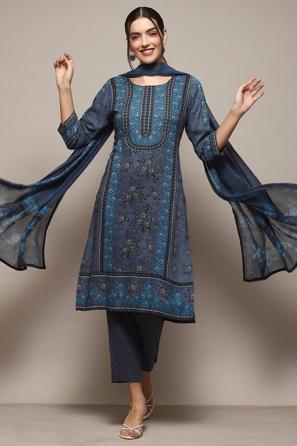 Blue & Rust LIVA Straight Kurta Slim Pant Suit Set image number 0
