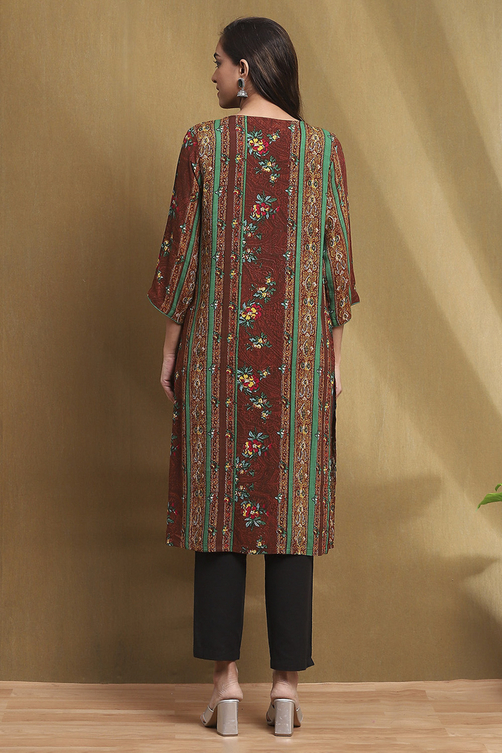 Brown Hand-Block Printed Straight Kurta image number 3