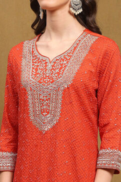 Orange Silk Embroidered Festive Straight Suit Set image number 1
