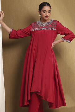 Red Modal Embroidered A-Line Kurta Set image number 1