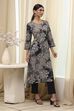 Charcoal Floral Printed Straight Kurta image number 4