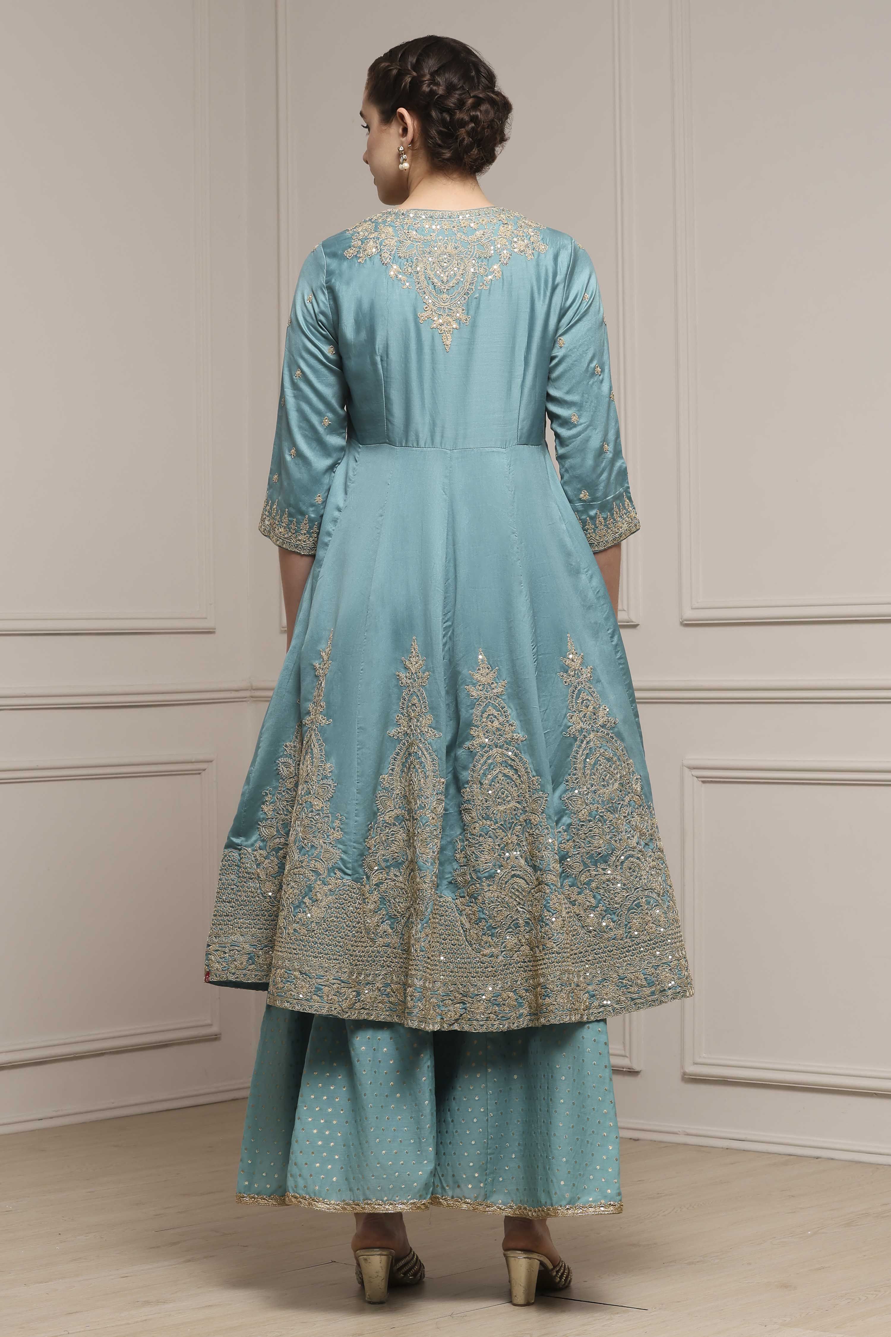 Blue Silk Chanderi Anarkali Suit Set image number 4