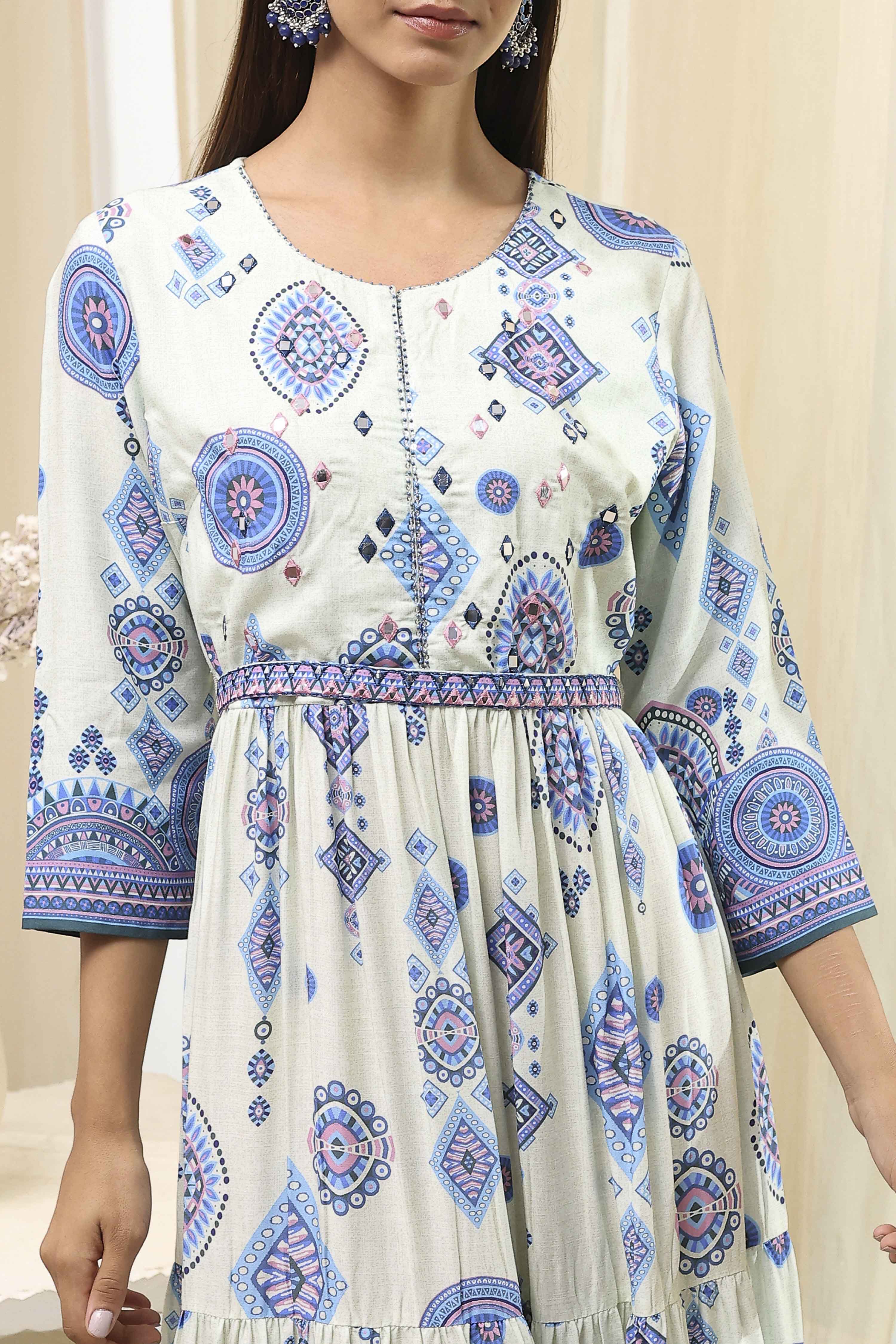 Ecru and Blue Printed Tiered Dress image number 1