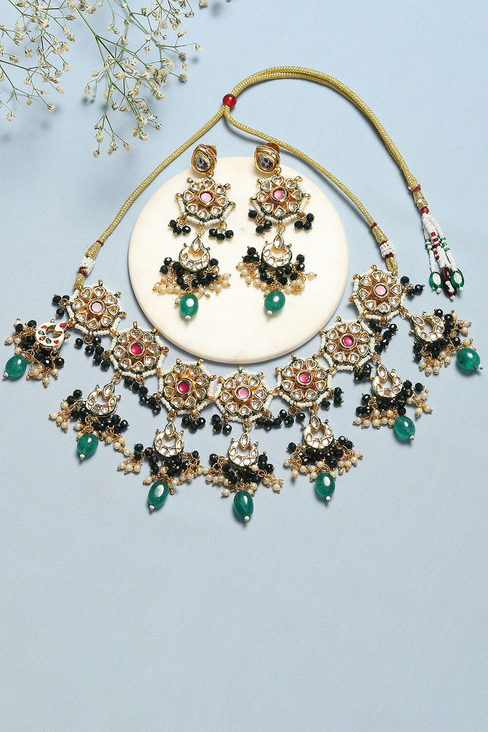 Green & Red Brass Necklace Set image number 0