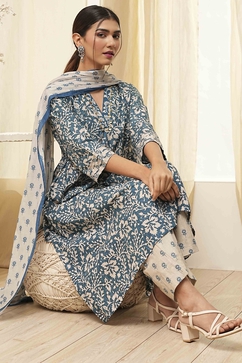 Indigo Cotton Printed Gathered Suit Set image number 0