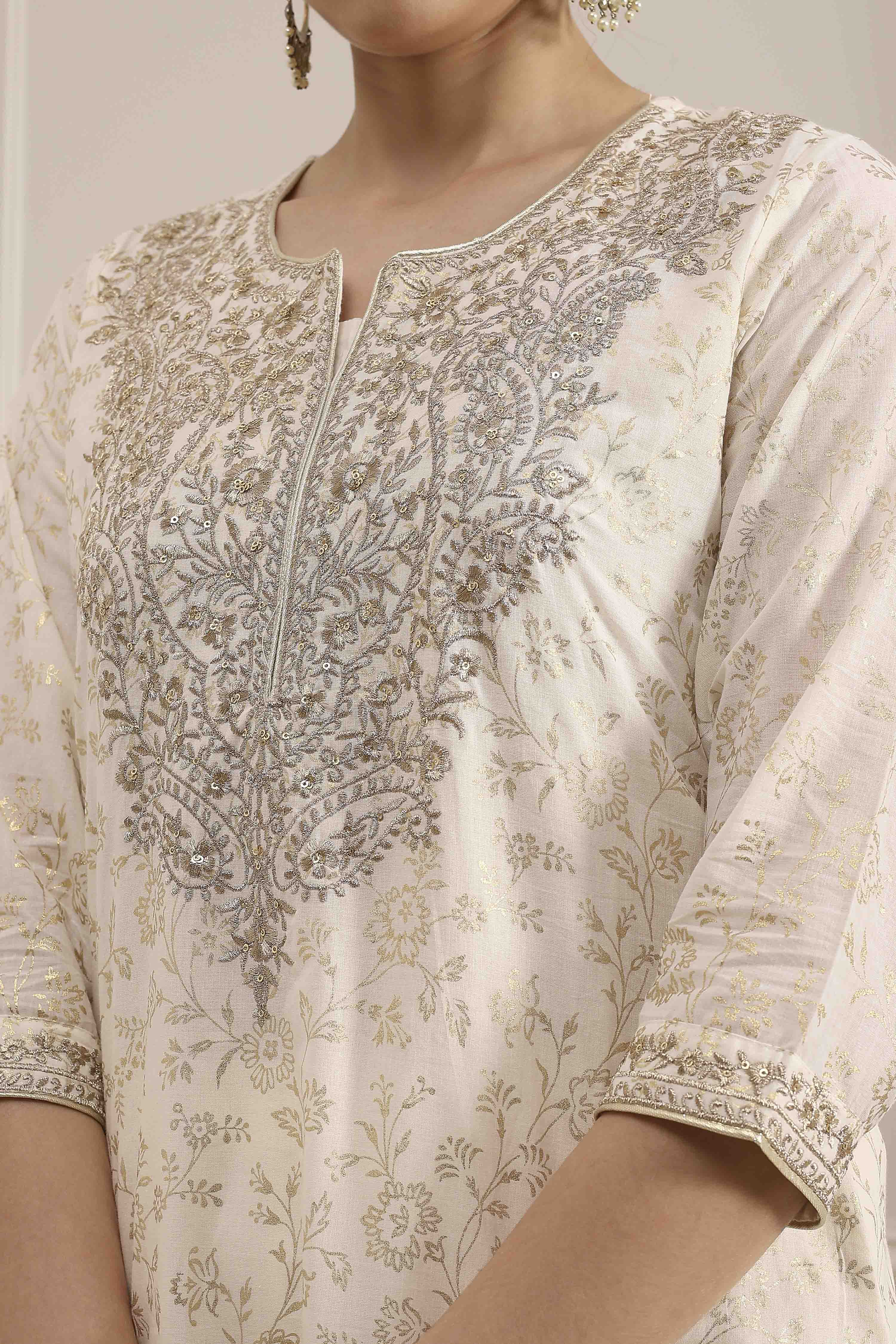 Off-White Cotton Printed Straight Suit Set image number 1