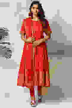 Red Cotton Anarkali Kurta Churidar Suit Set image number 0
