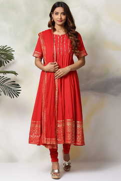 Red Cotton Anarkali Kurta Churidar Suit Set image number 0