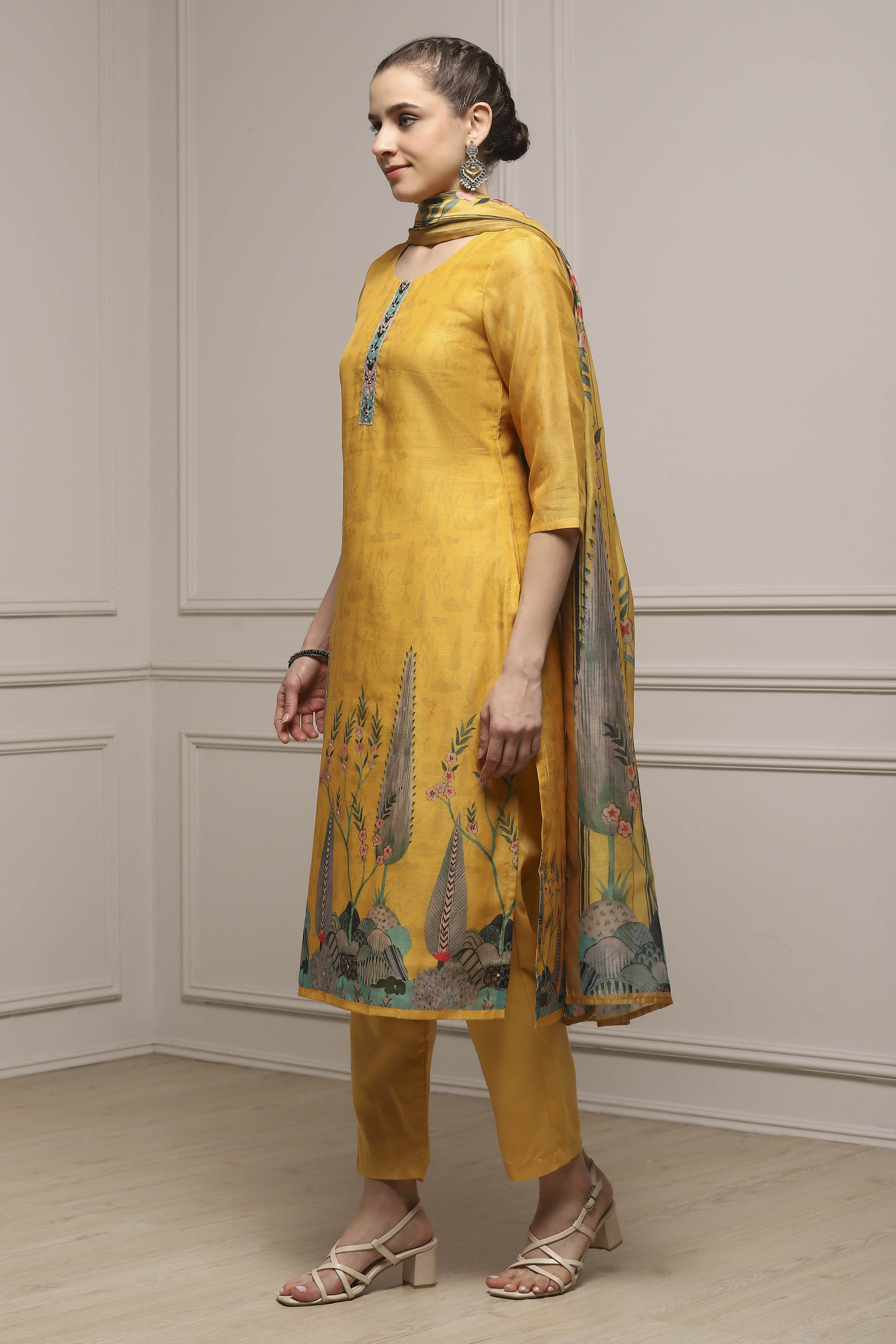 Yellow Chanderi Blend Printed Embroidered Unstitched Suit Set image number 4
