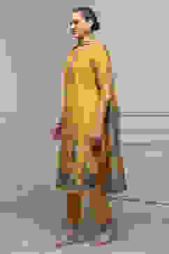 Yellow Chanderi Blend Printed Embroidered Unstitched Suit Set image number 4