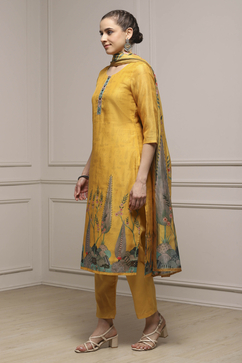 Yellow Chanderi Blend Printed Embroidered Unstitched Suit Set image number 4