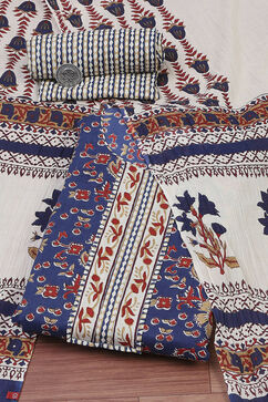 Blue Cotton Screen Print Unstitched Suit Set image number 0