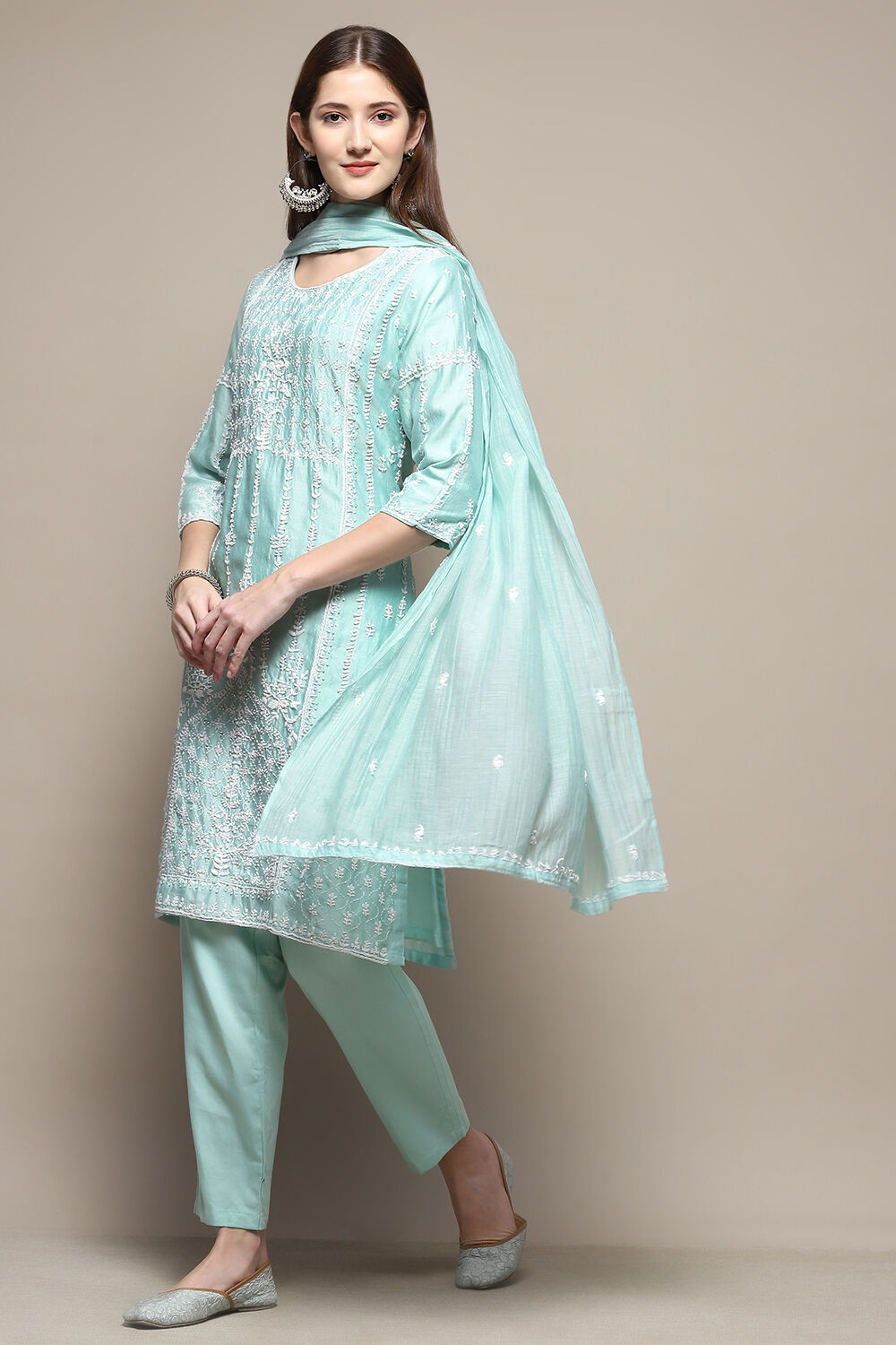 Aqua Cotton Blend Straight Kurta Pant Suit Set image number 0