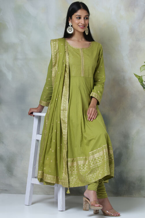 Green Cotton Kalidar Kurta Churidar Suit Set image number 0