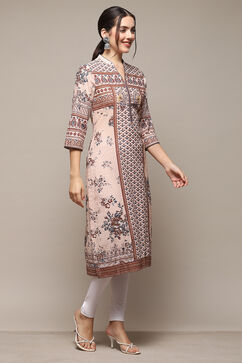 Beige Cotton Printed Straight Kurta image number 4
