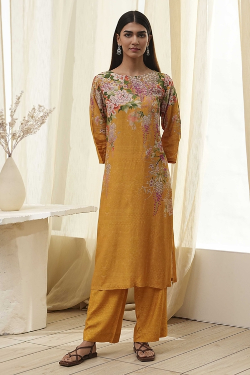 Mustard Yellow Floral Straight Kurta Set image number 6