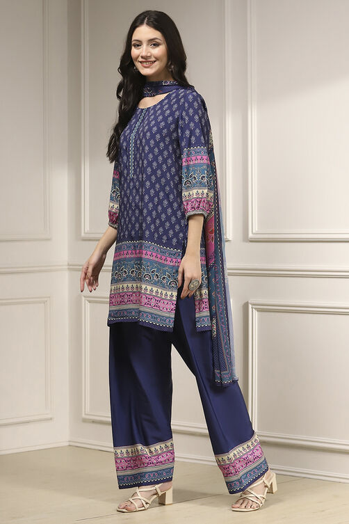 Blue Printed Straight Suit Set image number 3