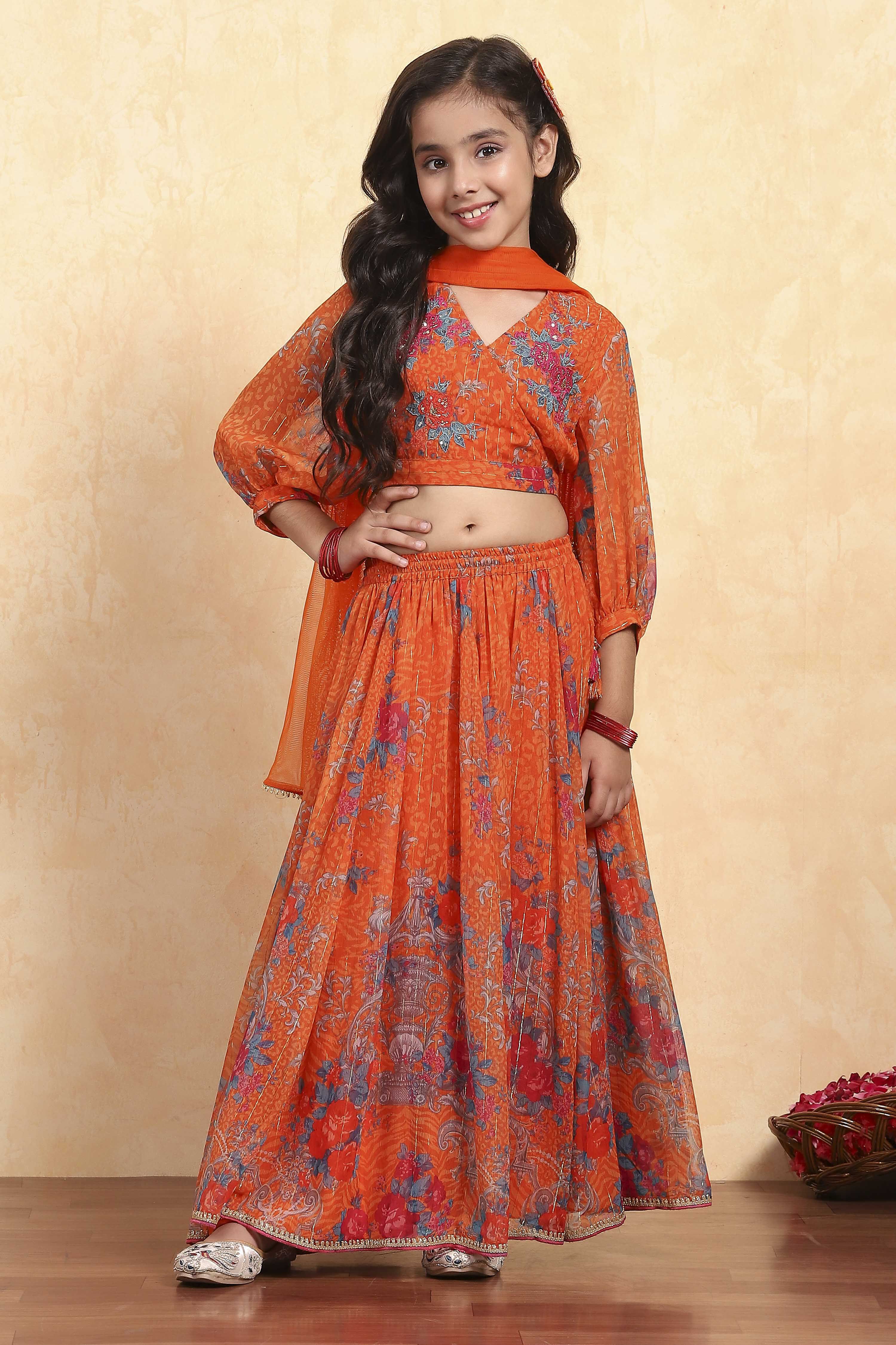 Orange Polyester Printed Kalidar Lehenga Set image number 6