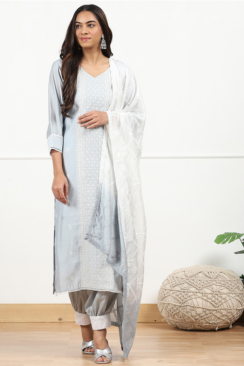 Grey Silk Blend Machine Embroidered Unstitched Suit Set image number 1
