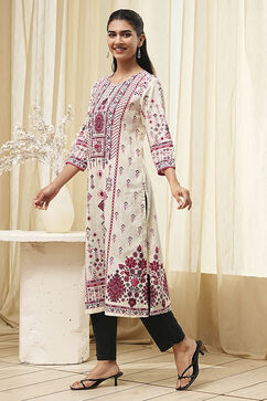 Off-White and Pink Cotton Straight Kurta image number 2
