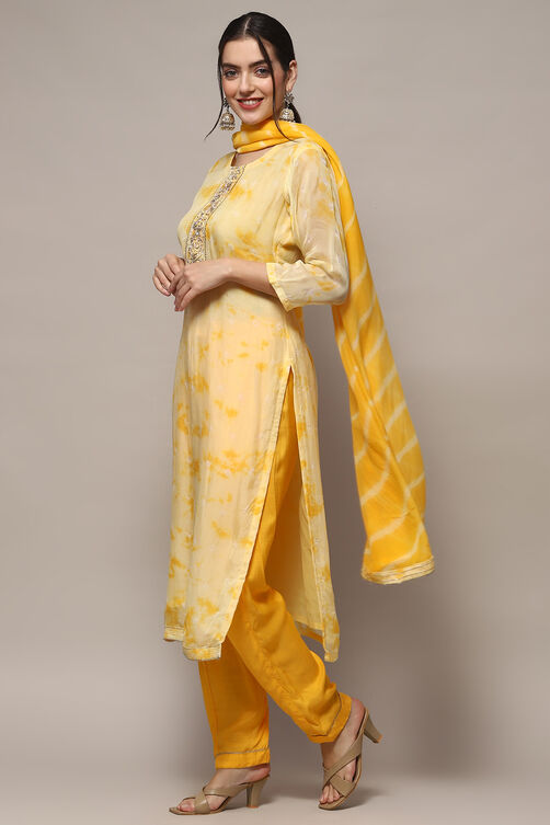 Yellow Organza Unstitched Suit set image number 5