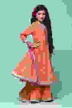 Orange Cotton Gathered Printed Suit Set image number 6