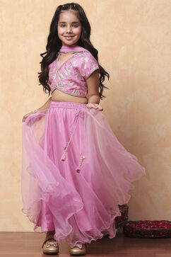 Pink Poly Chanderi Floral Festive Flared Lehenga Set image number 0