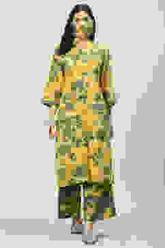 Yellow Grey LIVA Straight Printed Kurta Set image number 5