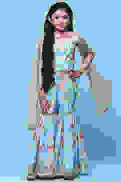 Blue Cotton Printed Blouse And Sharara t With Net Dupatta image number 7