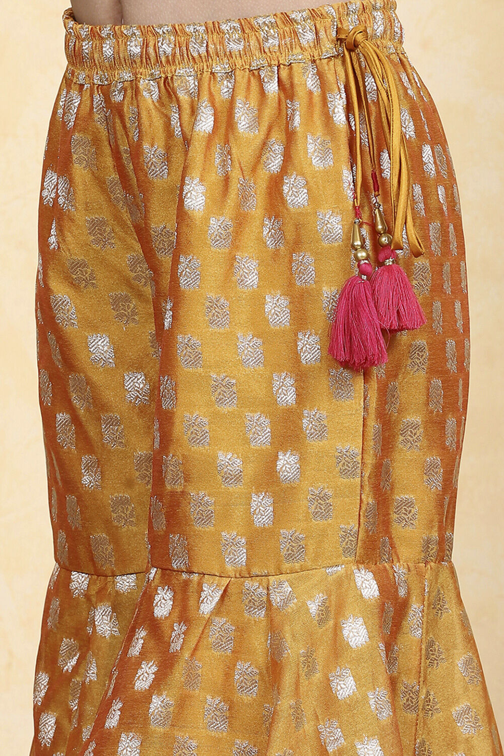 Yellow Brocade Yarndyed Fitted Sharara Suit Set image number 2