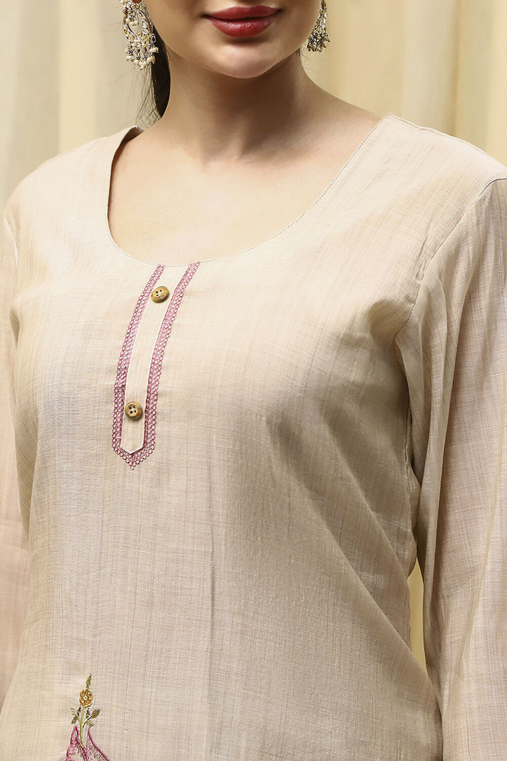 Beige Chanderi Hand Painted Unstitched Suit Set image number 2