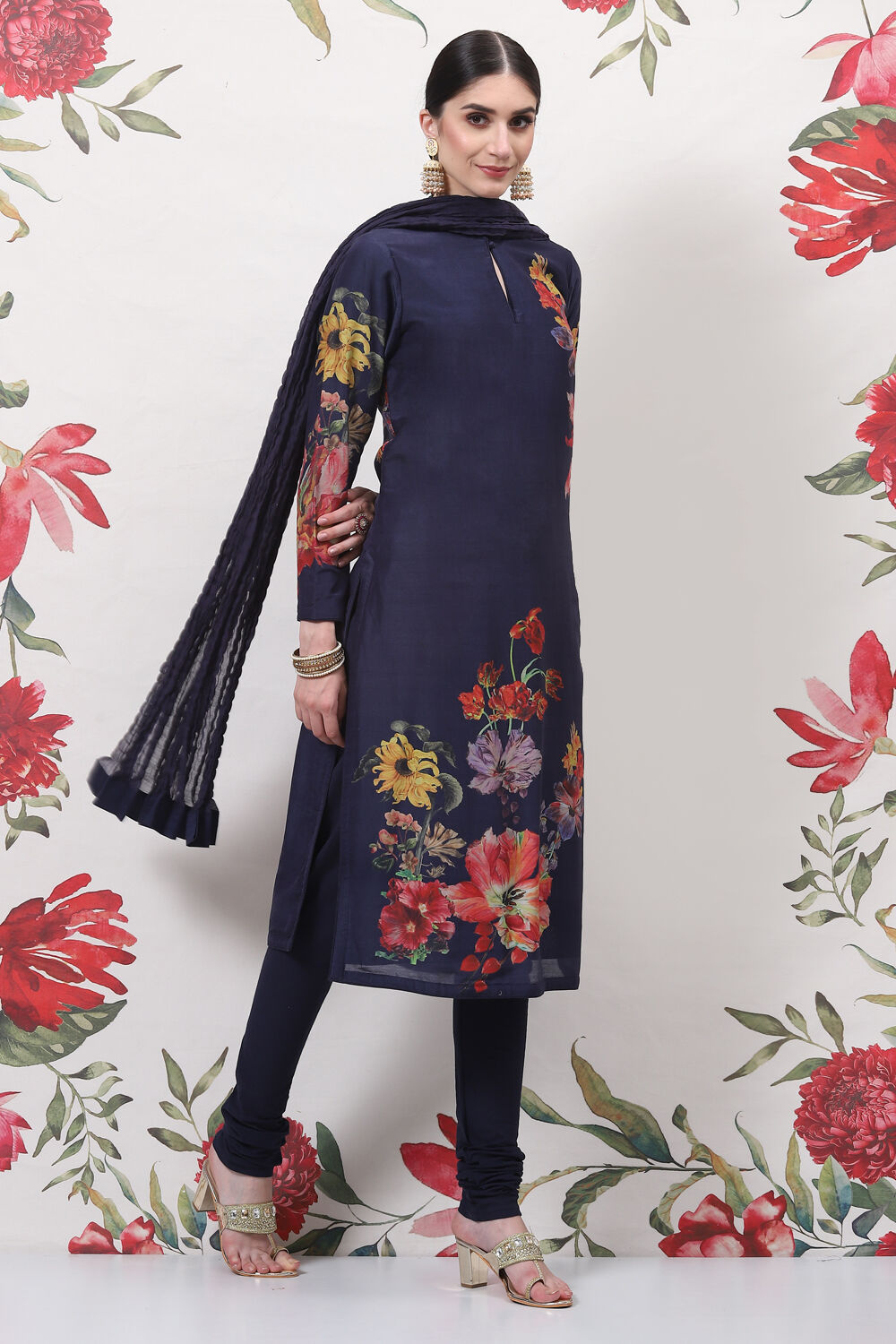 Indigo Cotton Silk Straight Printed Suit Set image number 0
