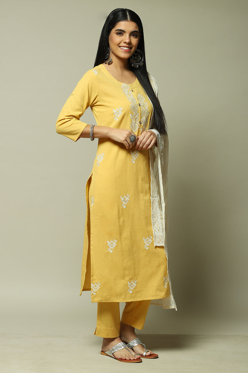 Yellow Cotton Blend Machine Embroidered Unstitched Suit Set image number 6