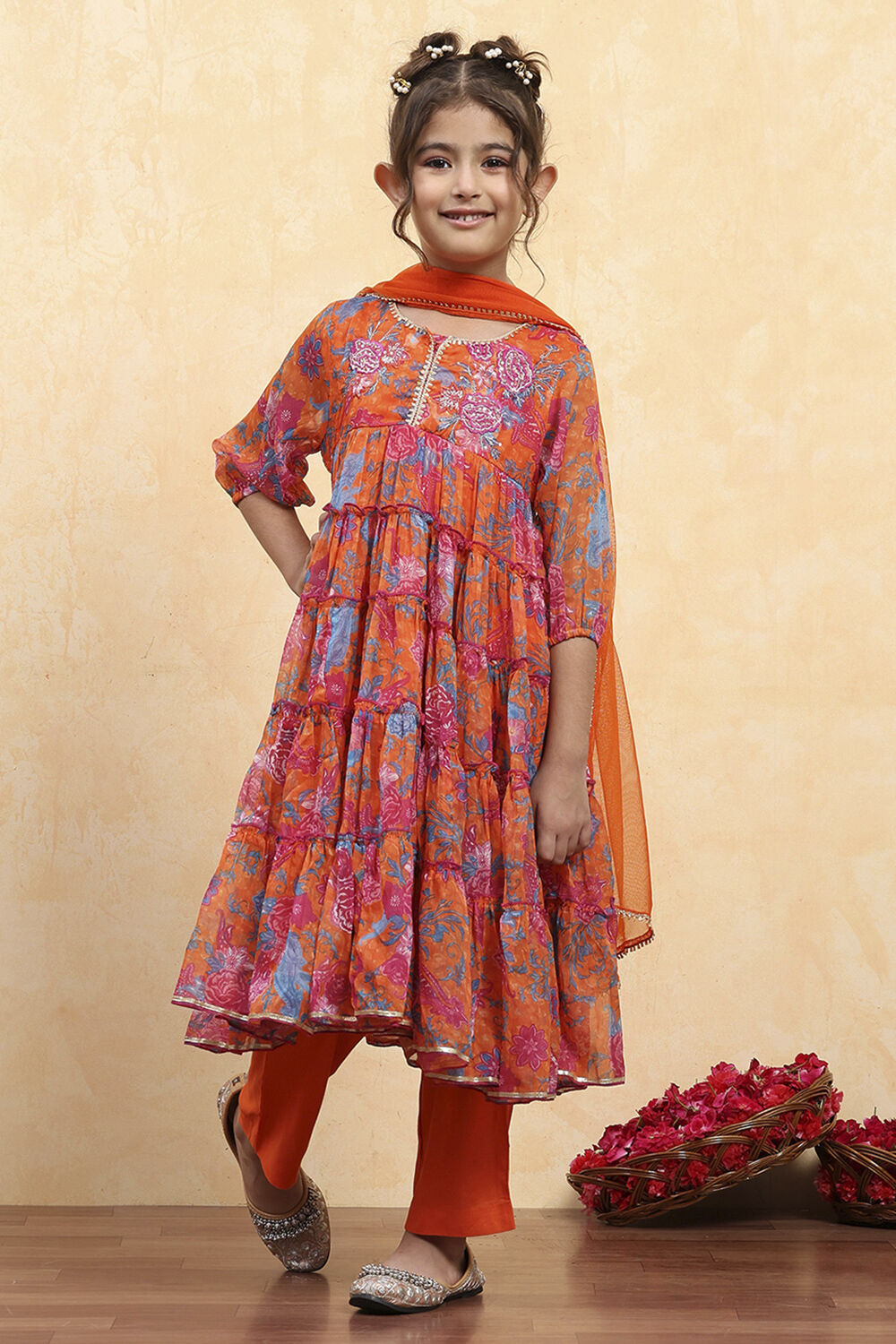 Orange Floral Printed Tiered Suit Set image number 6
