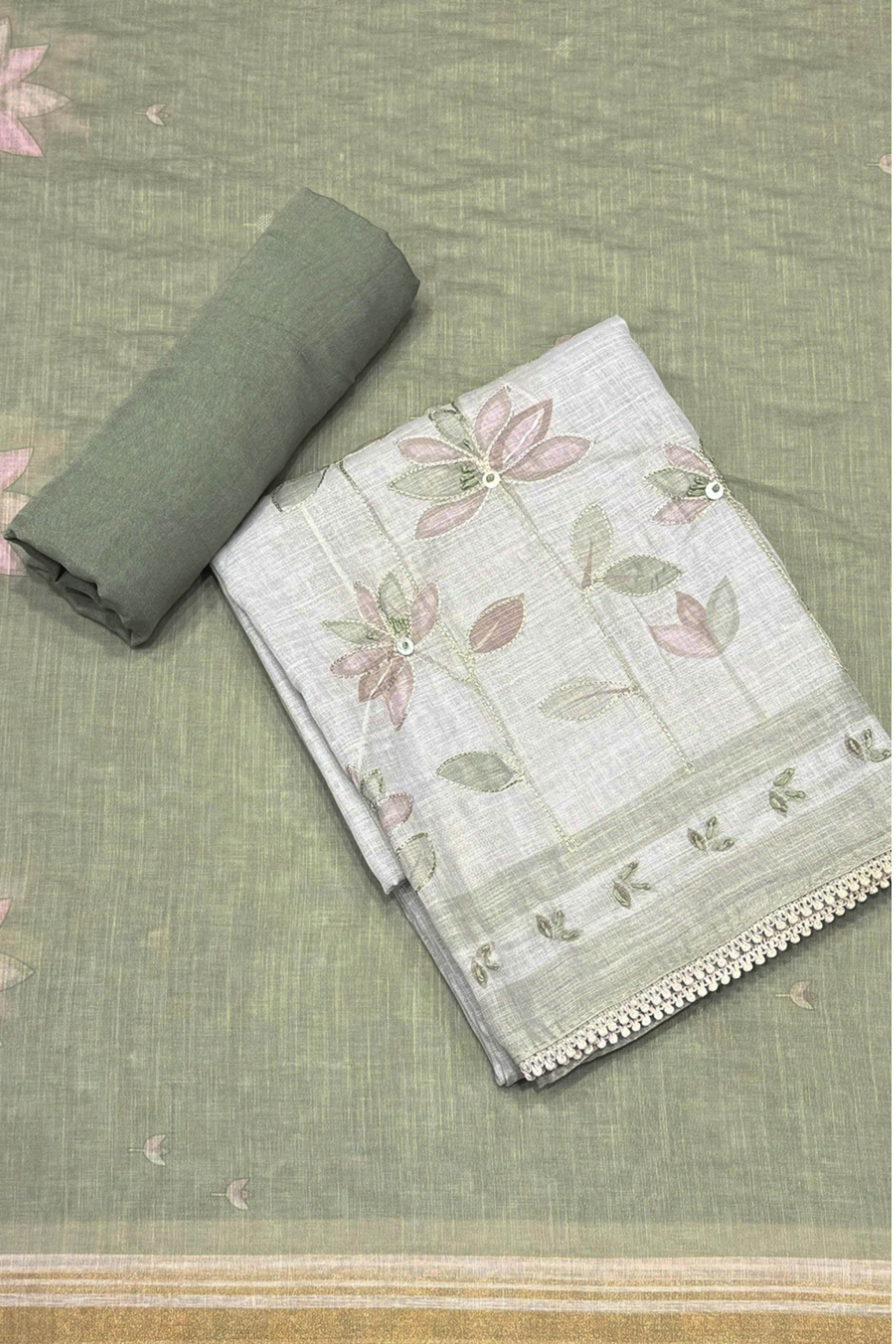 Grey Linen Printed Unstitched Suit Set image number 2