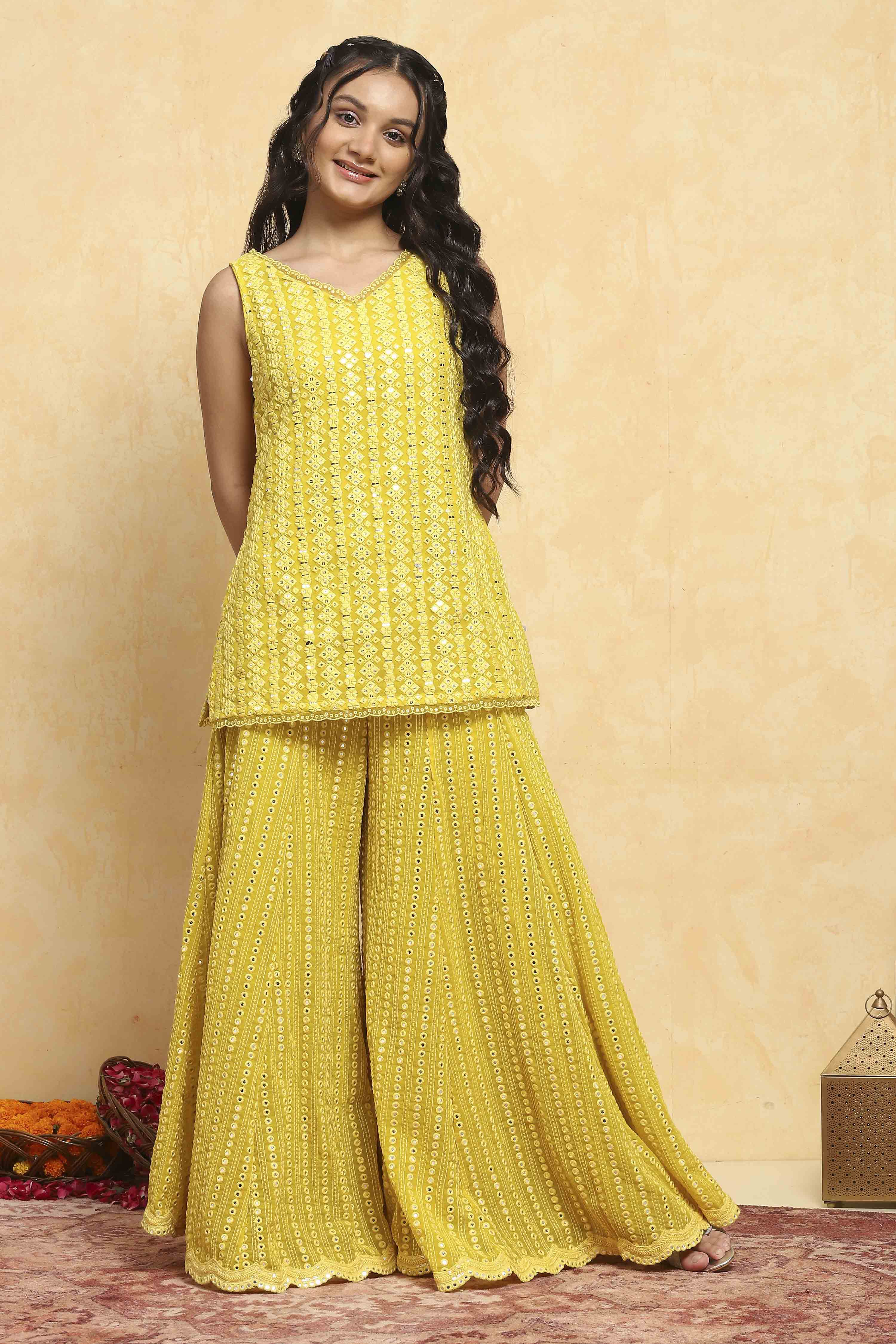 Yellow Polyester Dyed Straight Sharara Suit Set image number 7
