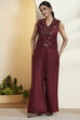 Maroon Embroidered Sleeveless Fusion Set image number 7
