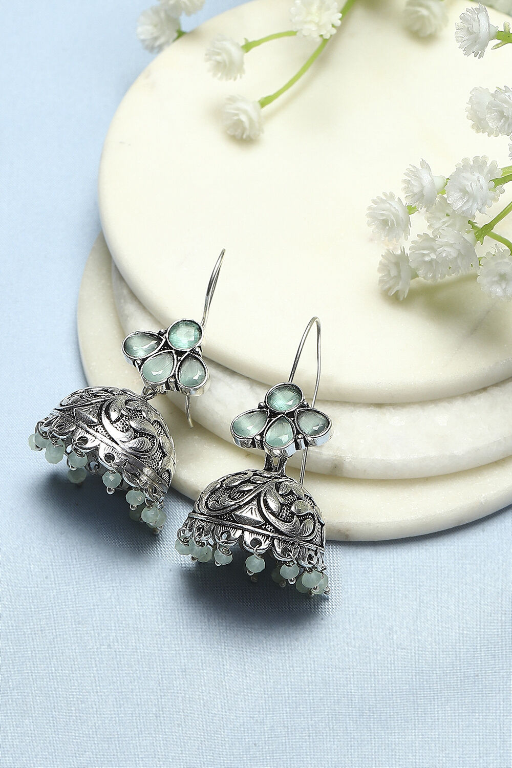 Mint Green Oxidised Stone Studded Jhumkas image number 0
