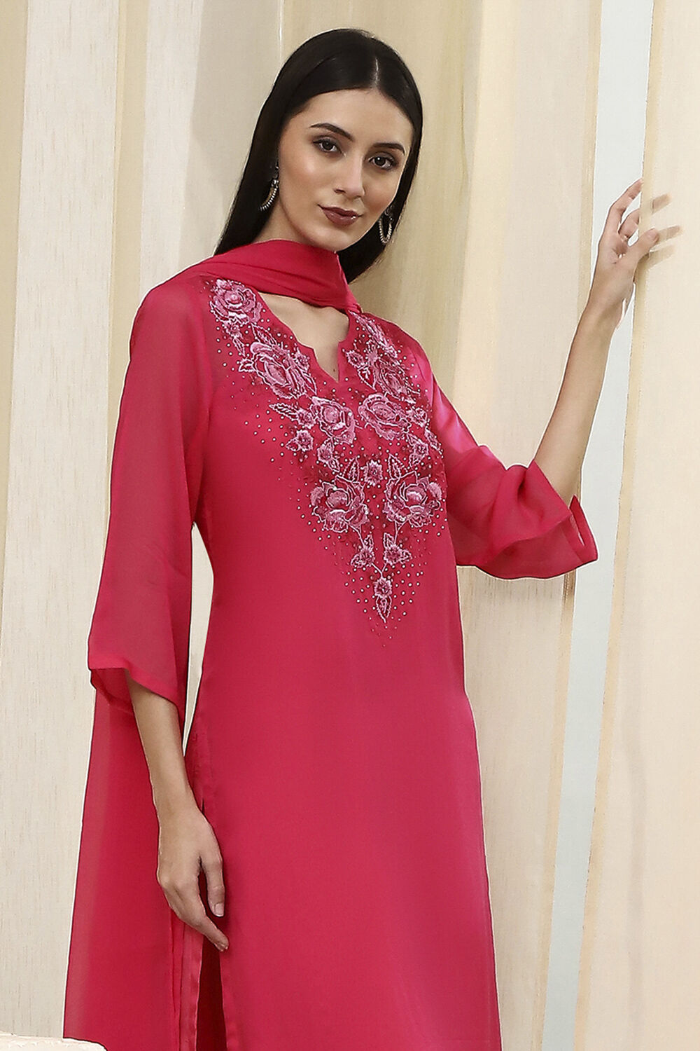 Fuchsia Embroidered Straight Suit Set image number 8