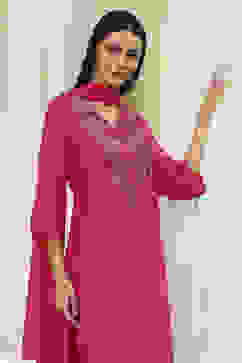 Fuchsia Embroidered Straight Suit Set image number 8