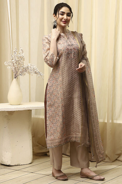 Lavender Chanderi Printed Unstitched Suit Set image number 6