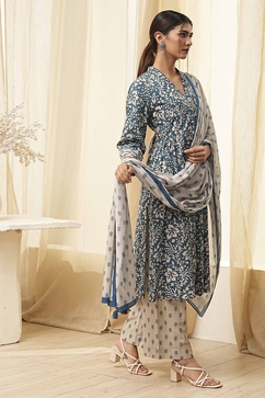 Indigo Cotton Printed Gathered Suit Set image number 5