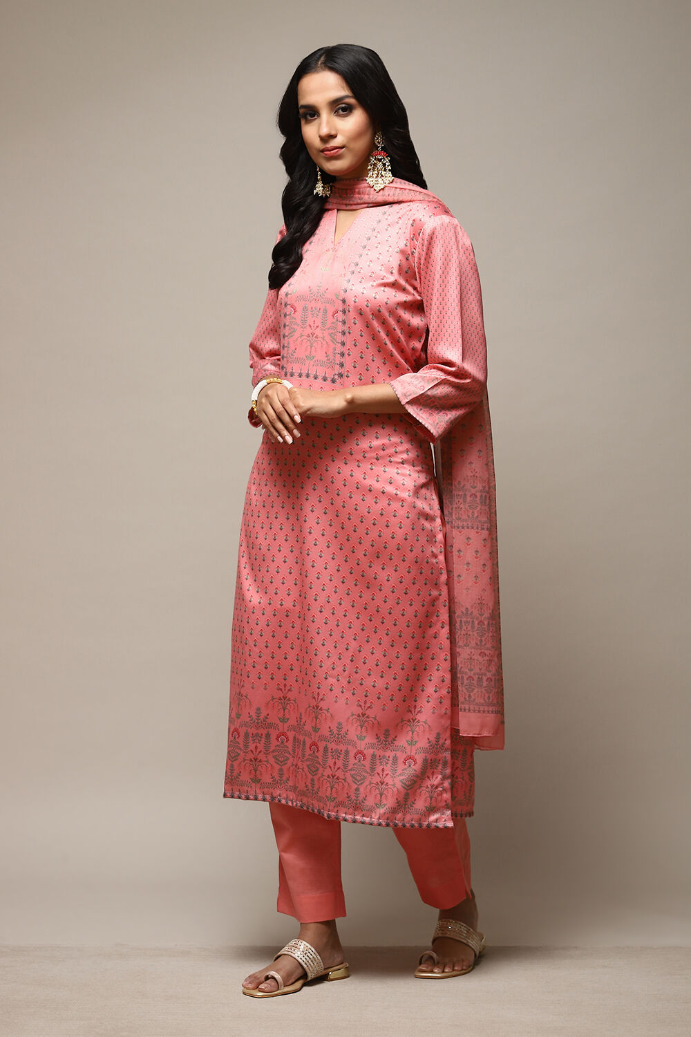 Peach Cotton Screen Print Unstitched Suit Set image number 6