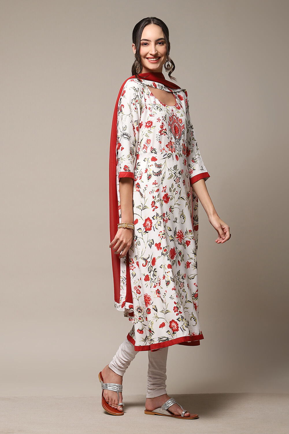 Off White Rayon Anarkali Kurta Churidar Suit Set image number 6