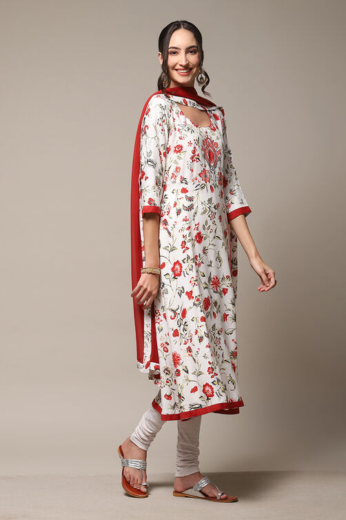 Off White Rayon Anarkali Kurta Churidar Suit Set image number 6