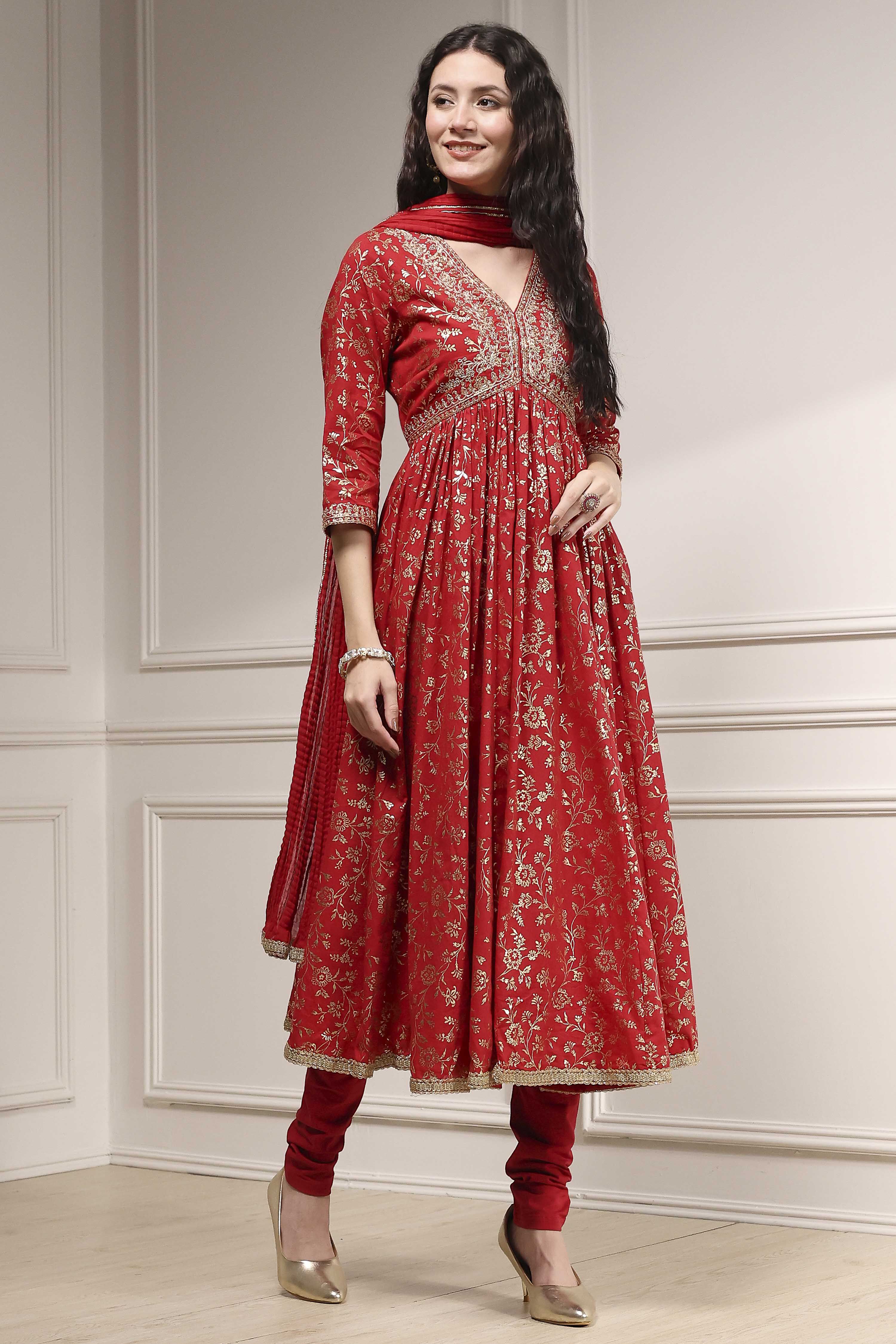 Red Cotton Foil Printed Anarkali Suit Set image number 5