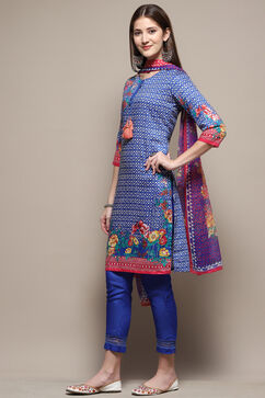 Blue Cotton Straight Kurta Slim Pant Suit Set image number 4